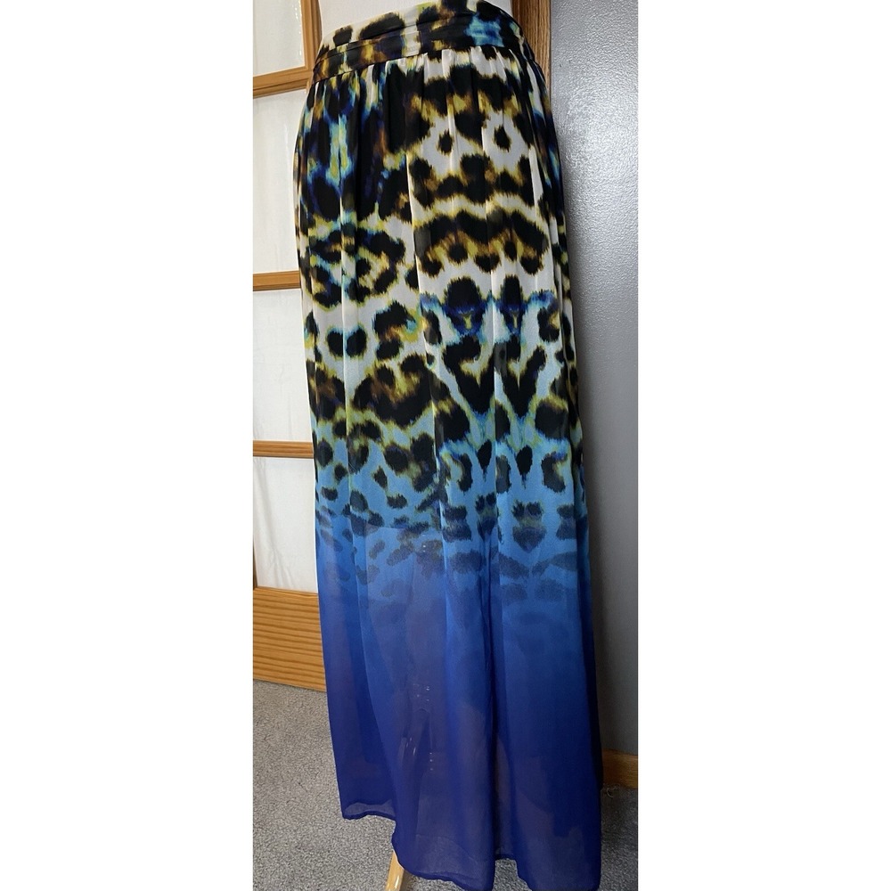 Worthington Leopard Maxi Skirt Women's M Blue Chiffon Pull On Boho Safari Jungle - Picture 2 of 10